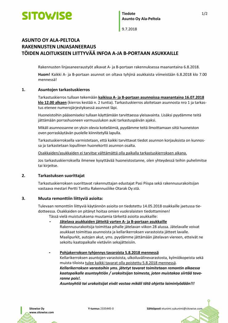 A- ja B-porras, Tarkastuskierros + infoa töiden alkamisesta, ASUKKAAT1